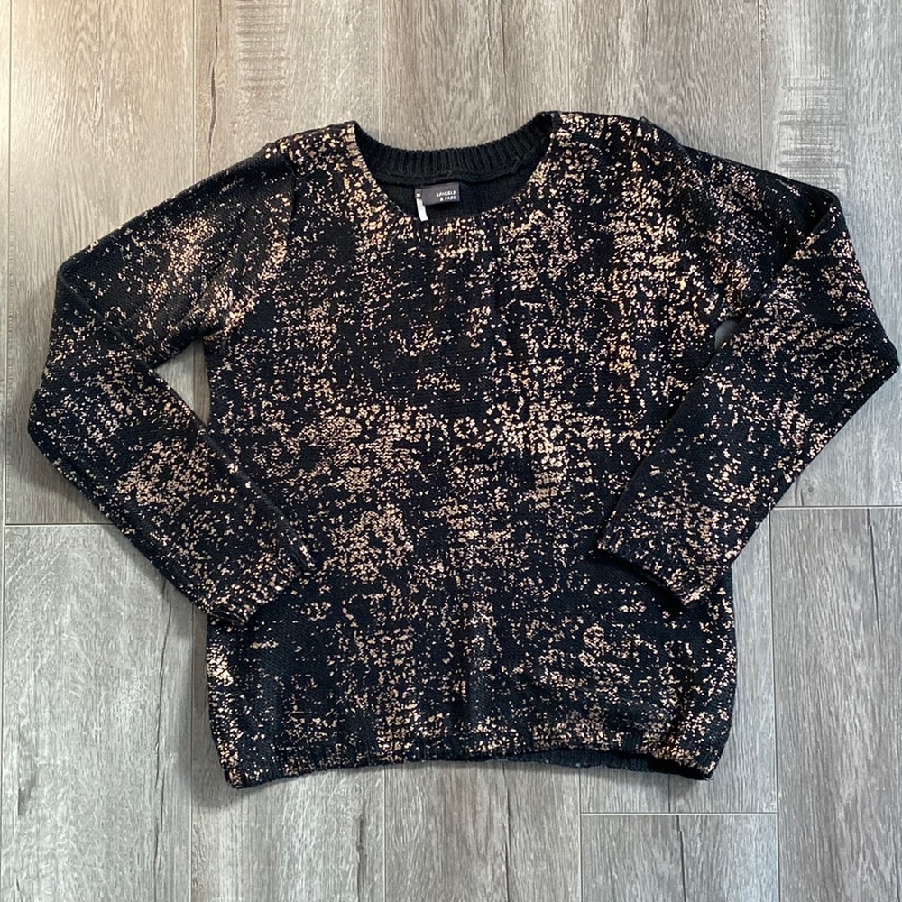 Sparkle and Fade Black Sweater with Metallic Copper Print
